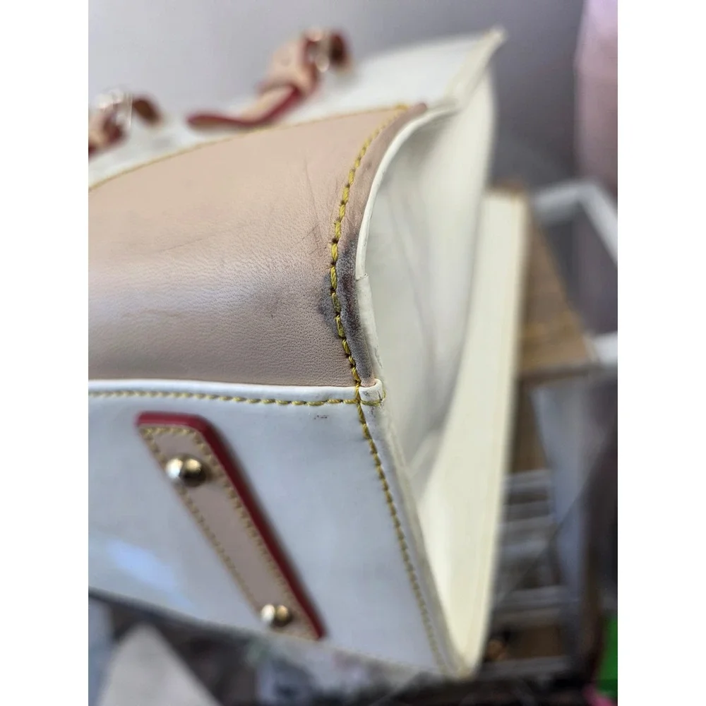 Dooney & Bourke White Patent Leather Satchel Tan Trim Contrast Stitch Handbag